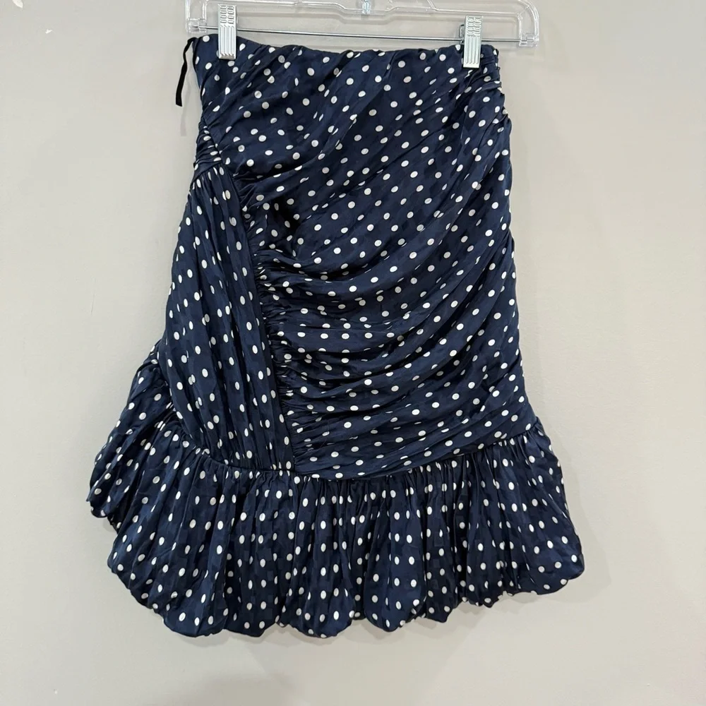 Tory Burch Bubble Skirt Side Ruched Mini in Navy Polka Dot Satin Silk